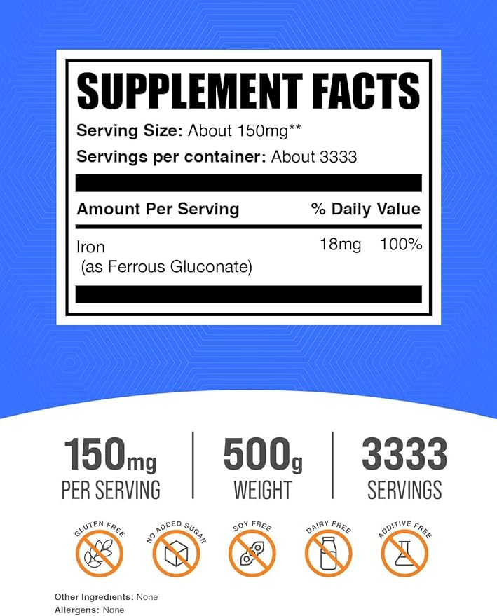 BulkSupplements.com Ferrous Gluconate Powder - Essential Mineral for Energy, Iron 18mg - Iron Supplements, Gluten Free, 150mg per Serving, 500g (1.1 lbs) (Pack of 1)