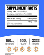 BulkSupplements.com Ferrous Gluconate Powder - Essential Mineral for Energy, Iron 18mg - Iron Supplements, Gluten Free, 150mg per Serving, 500g (1.1 lbs) (Pack of 1)