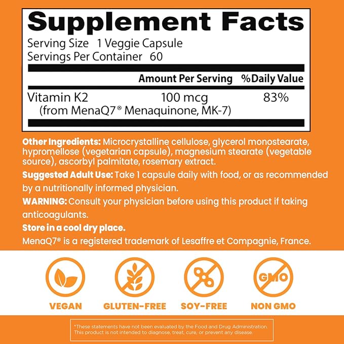 Doctor's Best Natural Vitamin K2 MK7 Supplement for Men & Women - Bone Health Support, 100 mcg Vitamin K-2 MK-7 Capsules with MenaQ7, Calcium Support, Non GMO, Vegan - 60 Veg Caps
