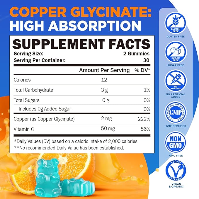 Copper Glycinate Gummies for Women, 2mg Chelated Copper with Vitamin C, High Absorption Copper Supplements for Women 25-44, Immune, Energy, Skin & Bone Health, 60 Count
