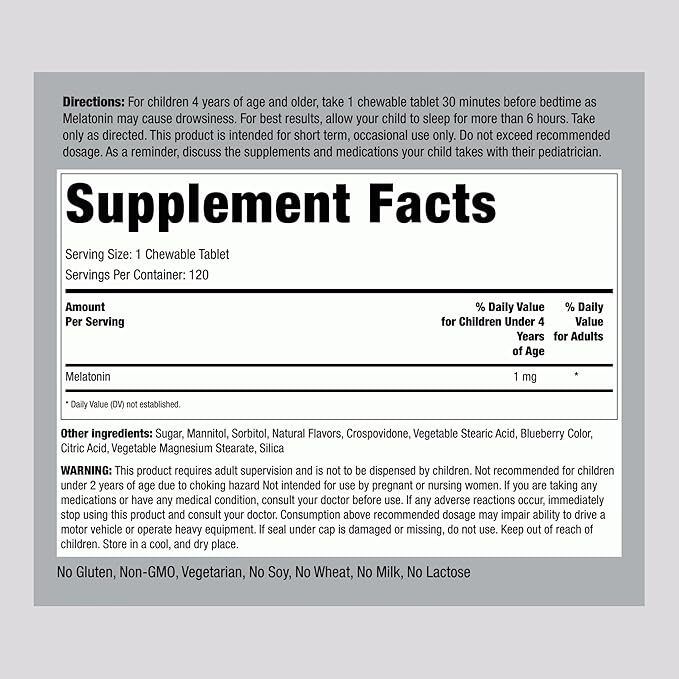 Piping Rock Kids Melatonin 1mg | 120 Chewable Tablets | Supplement for Children | Vegetarian,Non-GMO, Gluten Free