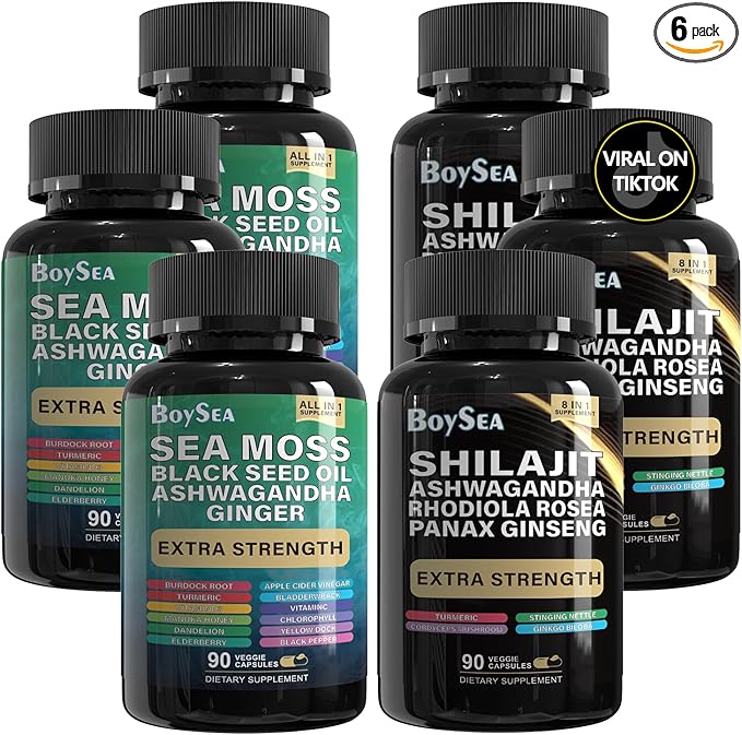 Boysea.Shilajit and Sea Moss Bundle- 90 Count - Sea Moss, Black Seed Oil, Ashwagandha, Ginger & Shilajit, Rhodiola Rosea, All in 1 Supplements (3 Pc)