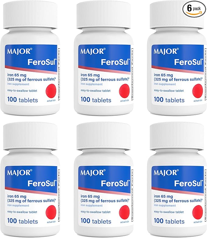 Major Ferosul - Ferrous Sulfate 325mg Tablets with 65mg of Elemental Iron - Iron Supplement for Women, Men - Red - 100 Count (6 Pack)