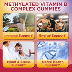 Methylated Vitamin B Complex Gummies for Women & Men with Vitamin B1, B2, B3, B5, B6, B7, B9, B12 & Magnesium, Omega-3, CoQ10, Supports Brain Health, Energy, Immune, Sugar Free, Fruit Flavor, 60ct