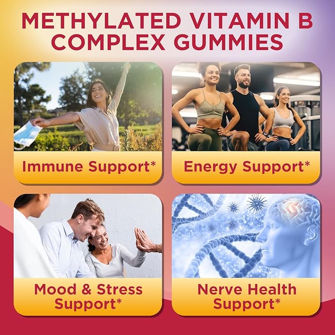 Methylated Vitamin B Complex Gummies for Women & Men with Vitamin B1, B2, B3, B5, B6, B7, B9, B12 & Magnesium, Omega-3, CoQ10, Supports Brain Health, Energy, Immune, Sugar Free, Fruit Flavor, 120ct