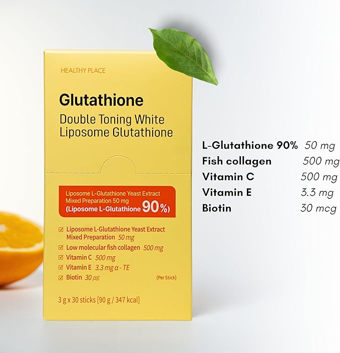 Double Toning White Liposome Glutathione Korean Beauty Supplement – Liposomal L-Glutathione, Vitamin C 500 mg, Vitamin E, Biotin & Fish Collagen 500 mg, Lime-Lemon Flavor – 30 Packets