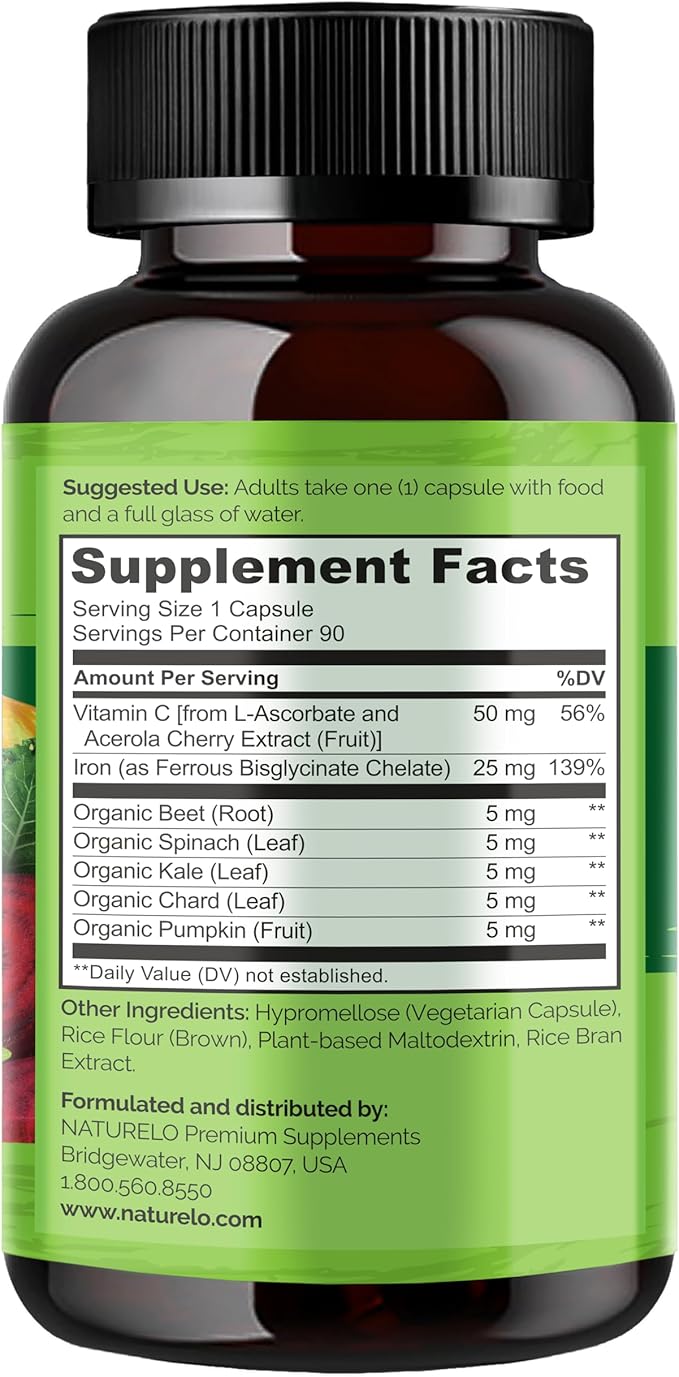 NATURELO Vegan Iron Supplement with Vitamin C and Organic Whole Foods - Gentle Iron Pills for Women & Men with Iron Deficiency Including Pregnancy, Anemia and Vegan Diets - 90 Mini Capsules