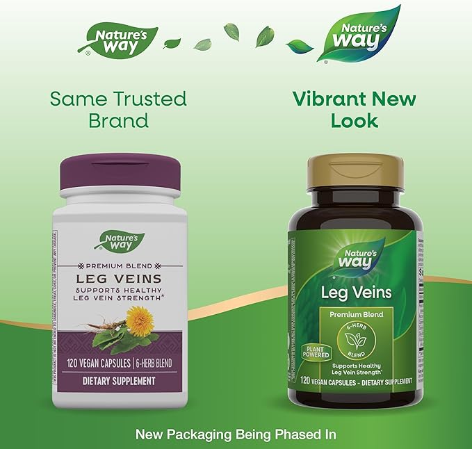 Nature's Way Leg Veins, Supports Healthy Leg Vein Strength*, 6-Herb Blend, With Horse Chestnut Extract, Dandelion, Gluten Free, 120 Vegan Capsules (Packaging May Vary) - 2 Pack