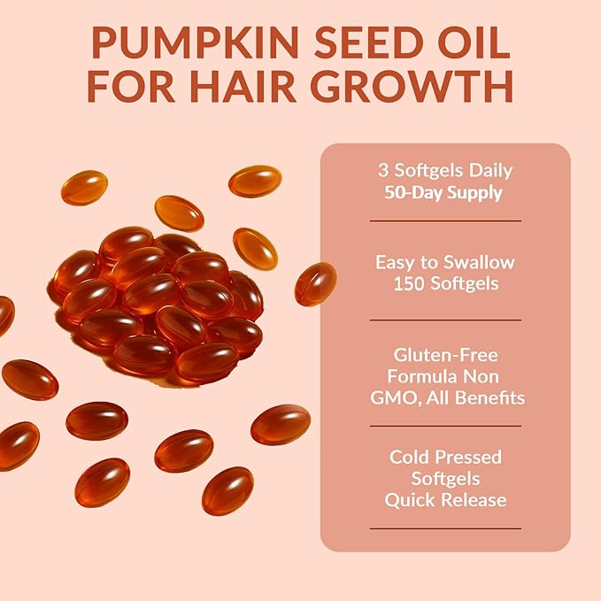 Pumpkin Seed Oil Capsules, 2 in 1 Pumpkin Seed Oil with Saw Palmetto for Hair Growth, 3000mg Per Serving, Cold Pressed, Supports Hair, Heart, Skin Supplement | Non-GMO | 150 Softgels | Only 1 Bag