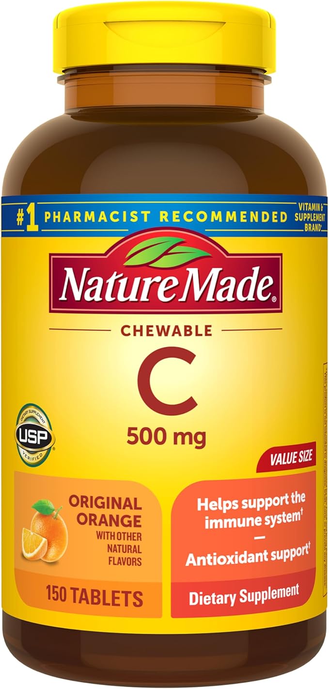 Nature Made Chewable Vitamin C 500 mg, Dietary Vitamin C Supplement for Immune Support, 150 Tablets, 150 Day Supply