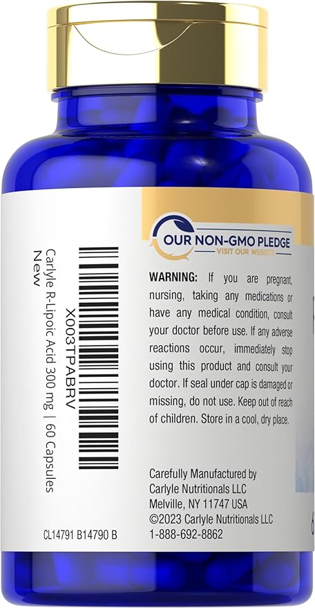 Carlyle R-Lipoic Acid 200mg | 60 Capsules | Stabilized RLA with Biotin | Non-GMO, Gluten Free