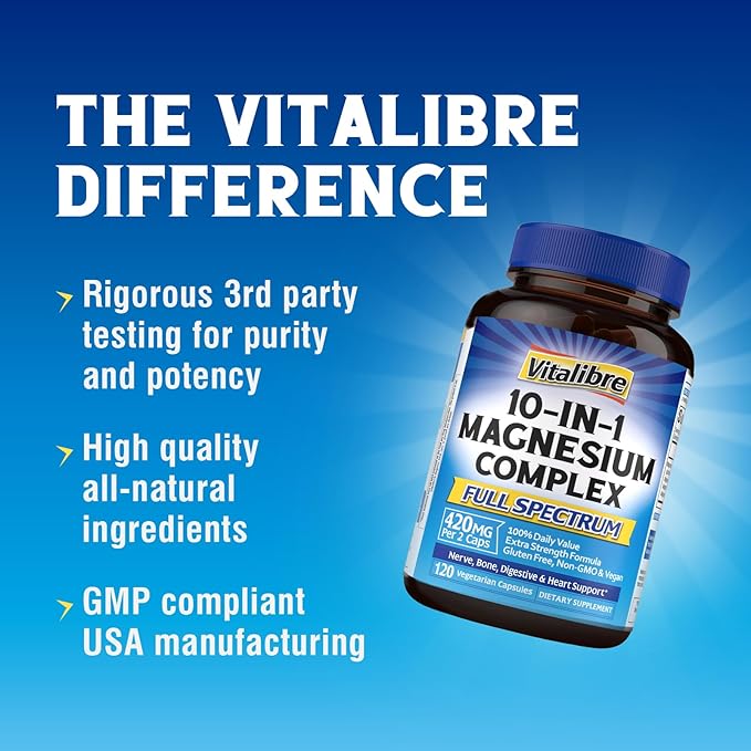 Vitalibre 10 in 1 Magnesium Complex, 420mg Elemental Magnesium | Ultra Strength, Max Absorption | Chelated Magnesium Supplement for Nerves, Bone & Heart Health | Non-GMO, 120 Vegan Capsules