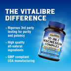 Vitalibre 10 in 1 Magnesium Complex, 420mg Elemental Magnesium | Ultra Strength, Max Absorption | Chelated Magnesium Supplement for Nerves, Bone & Heart Health | Non-GMO, 120 Vegan Capsules