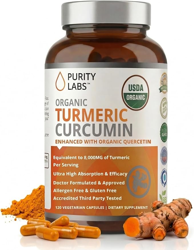 USDA Organic Turmeric Curcumin Capsules 8000mg Equivalent with Black Pepper & Organic Ginger for Absorption, High Potency Turmeric Supplement for Joint Support & Inflammation, 120 Vegetarian Capsules