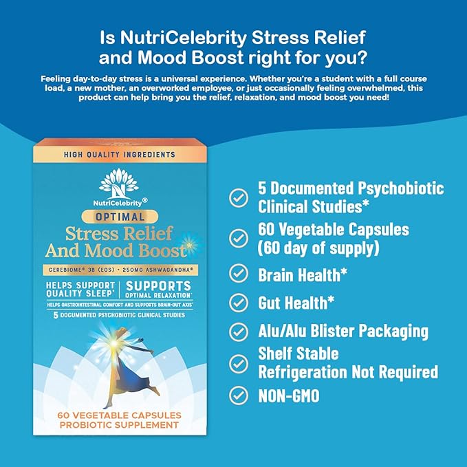 Nutricelebrity Optimal Stress Relief Supplement, Mood Support, Sleep Aid, Ashwagandha Organic, KSM-66, Brain Focus, Probiotics for Women, Gut Health, Vegan Non GMO 60 Days Supply