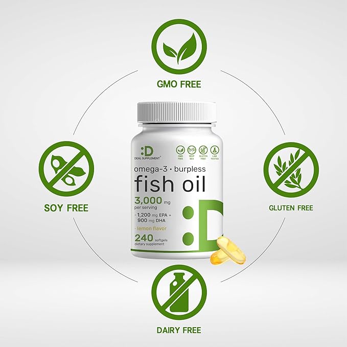 DEAL SUPPLEMENT Omega 3 Fish Oil Supplements, 3,000mg Per Serving, 240 Softgels – EPA 1,200mg + DHA 900mg – Burpless Pills, Lemon Flavored, Wild Caught – Brain & Heart Support – Mercury Free, Non-GMO