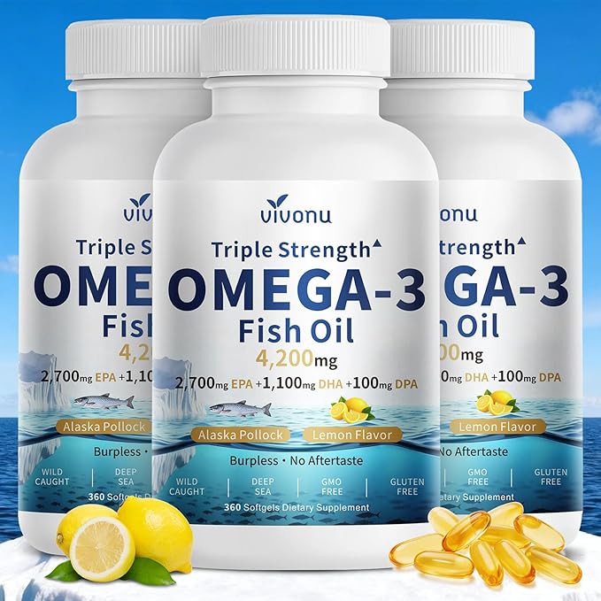 VivoNu Triple Strength Omega 3 Fish Oil - 4200mg, 360 Softgels | Enteric-Coated for No Fishy Aftertaste | Wild-Caught | Third-Party Tested
