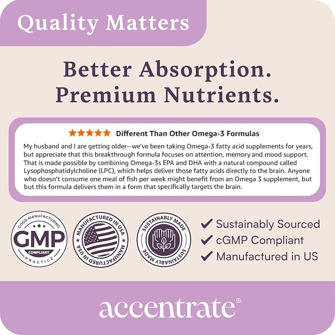 Omega Max w/LYSOVETA LPC | EPA & DHA Supplements for Brain & Retina Health | Focus, Attention, Memory, Mood & Vision | 6X Higher Absorption Than Fish Oil | High Potency Omega-3 LPC-DHA