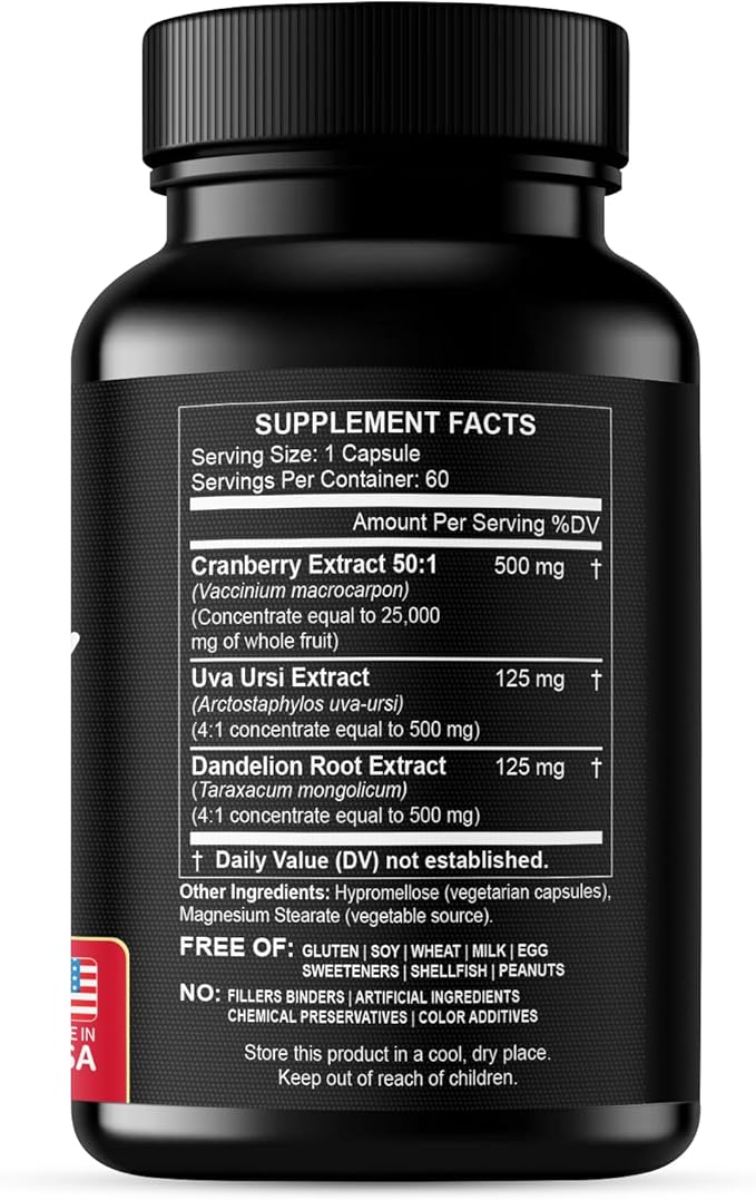 Cranberry Extract Pills - Super Strength 50:1 Whole Fruit Concentrate Equals to 25,000mg of Fresh Cranberries Plus Dandelion & Uva Ursi - Natural UTI Support - Kidney Cleanse & Urinary Tract Health