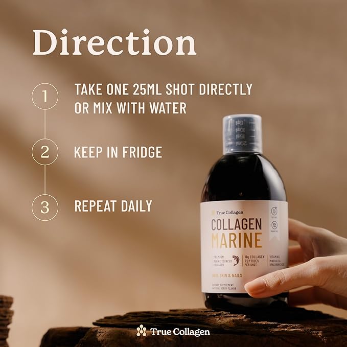 True Collagen Marine | 11,000 mg Hydrolyzed Collagen Liquid Supplement - 2 x 500 ml (1,000 ml), 40 Day Supply | Hyaluronic Acid, Biotin and Vitamin C for Healthy Hair, Skin and Nails | Sugar-Free
