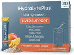 Hydralyte Liver Support + Electrolyte Mix with Milk Thistle, Turmeric, Ginger, Prickly Pear, Green Tea Extract Formulated for Rapid Rehydration (Pineapple Mango Ginger, 20 Packets)