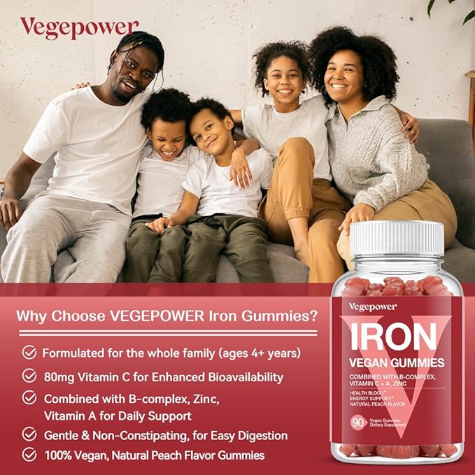 Iron Gummies Supplements for Women & Kids - Multivitamin with Iron for Blood Oxygen, Great Tasting Gummy Vitamins with Vitamin C for Max Absorption - Vegan Chewable, Peach Flavor(3 Packs)