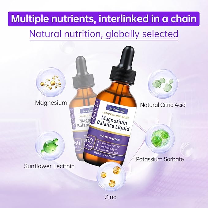 Magnesium L-Threonate Liquid Drops 1500mg High Absorption Brain Supplement for Memory Focus Sleep Sugar Free Vegan 2.04 Fl Oz,GMP Certification Applies to Both Kids and Adults.