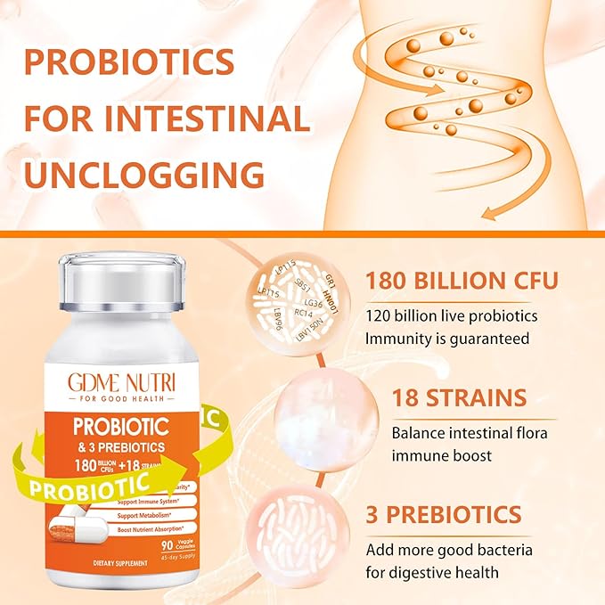 Probiotic Capsules, 90 Capsules 180 Billion CFU 18 Strains, Contains 3 Prebiotics, for Men & Women, Once Daily Probiotic Dietary Supplement, Boosts Digestive and Immune Health