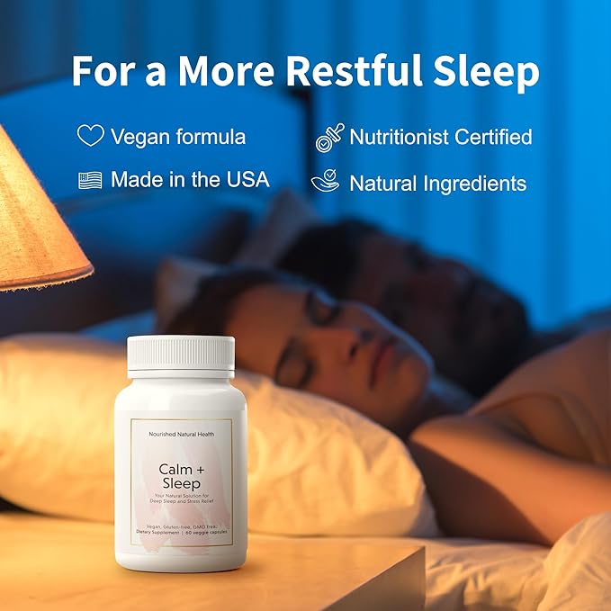 Nourished Natural Health Calm + Sleep – Relaxation & Melatonin-Free Sleep Supplement for Women, Cortisol Support with Ashwagandha, L-Theanine, Magnesium & Valerian Root–Vegan & Non-GMO – 360 Capsules