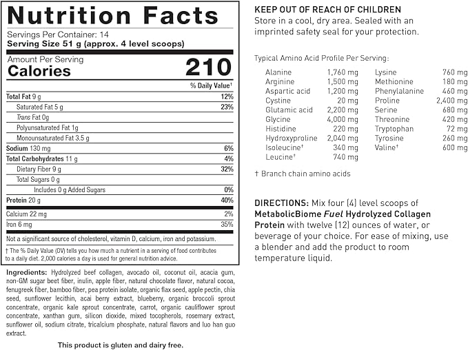 MetabolicBiome™ Fuel Hydrolyzed Collagen Protein, Chocolate - High-Performance Daily Shake, 20g Clean Protein, 9g Non-grain Fiber, 9g Healthy Fats, Microbiome Support, Allergen-free, 14 Servings
