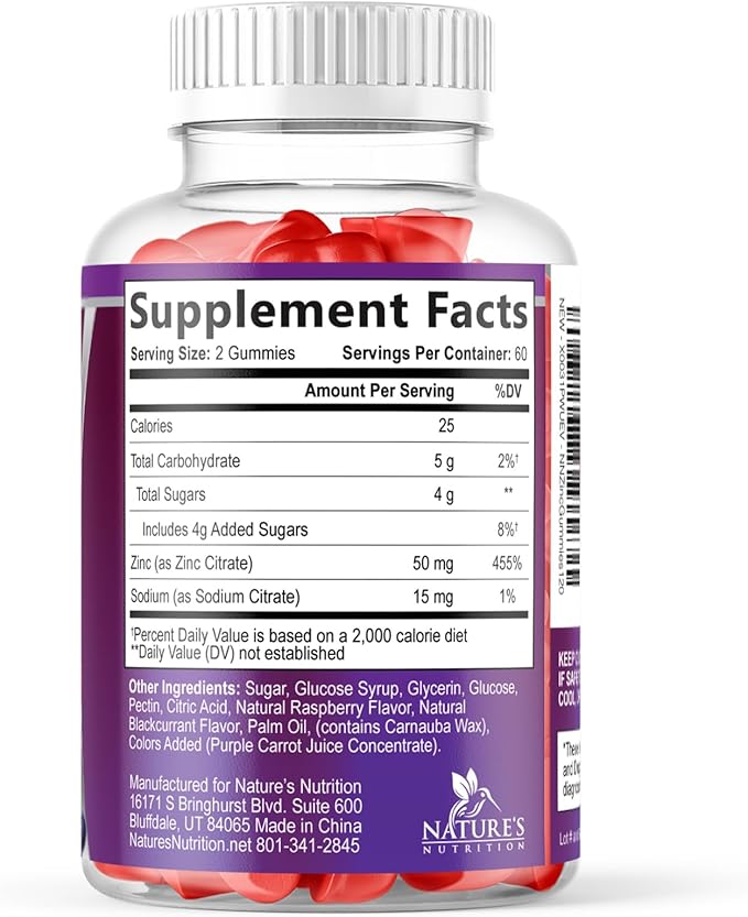 Zinc Gummies - 50mg Zinc Per Serving Immune Skin & Bone Support Health Gummy - Premium Antioxidant Chewable, High Absorption Vegan, Best Supplements Vitamin for Adults, Tasty Berry Flavor, 120 Gummies