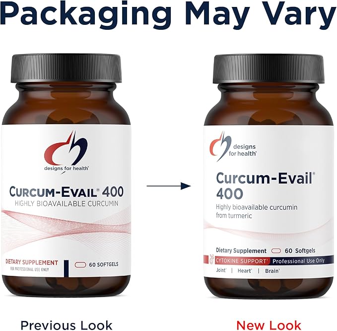 Designs for Health Curcum-Evail 400 - Bioavailable Turmeric Curcumin Supplements - Evail Emulsification Technology - Curcumin C3 Complex with Turmeric Oil + Vitamin E, Non-GMO (60 Softgels)