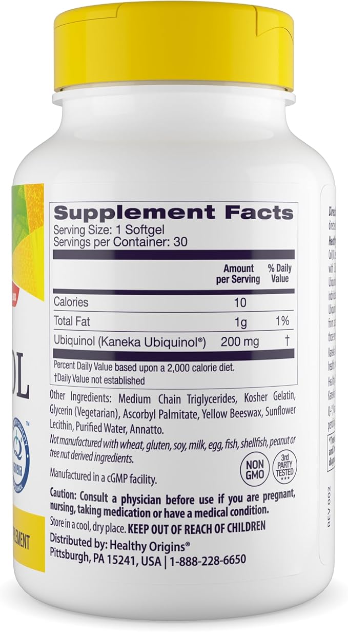 Healthy Origins Ubiquinol (Active Form of CoQ10), 200 mg - Ubiquinol Supplements for Heart Health & Antioxidant Support - Gluten-Free & Non-GMO Supplement - 30 Softgels