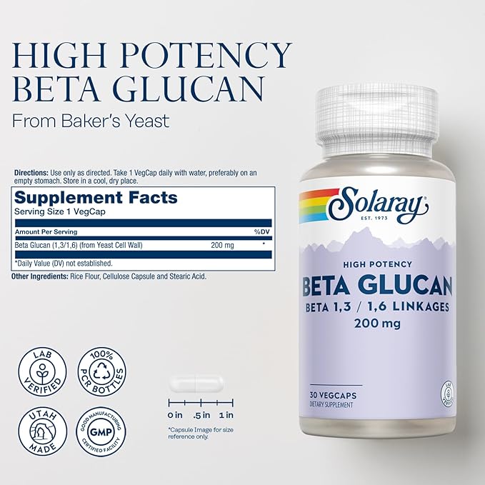 SOLARAY Beta Glucan Supplements - Immune Support - Heart and Digestive Support with Beta Glucan Fiber from Baker's Yeast - High Potency, 60-Day Guarantee - 30 Servings, 30 VegCaps