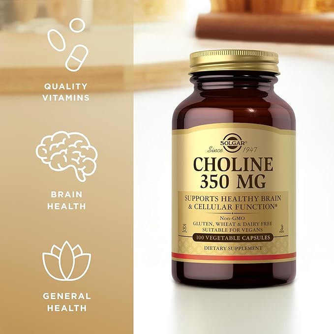 Solgar Choline 350 mg - 100 Vegetable Capsules, Pack of 2 - Non-GMO, Vegan, Kosher - 200 Total Servings