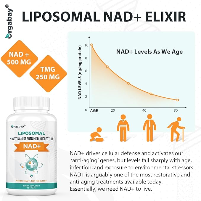 Orgabay Liposomal NAD+ Supplement 500 mg, High Absorption, Boost NAD+ with TMG 250 mg, Actual NAD Plus More Efficient Than Nicotinamide Riboside, Support Cellular Energy, Healthy Aging | 60 Softgels