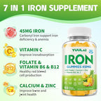 Iron Gummies for Women & Men, Iron Supplement Plus Calcium, Zinc, Folate & Vitamin B12, C, B6 - Energy Support, Immune Health, Pineapple Flavor, 60 Count