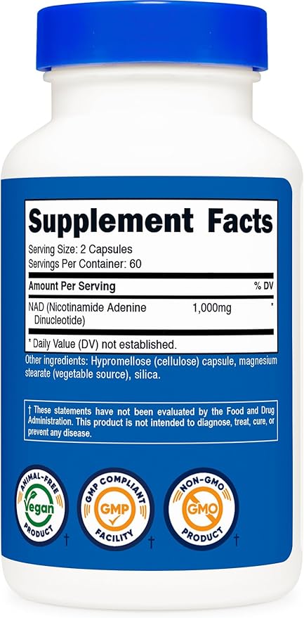 Nutricost NAD+ Supplement 1,000mg per Serving,120 Capsules (Nicotinamide Adenine Dinucleotide) - 60 Servings, Gluten-Free, Vegan