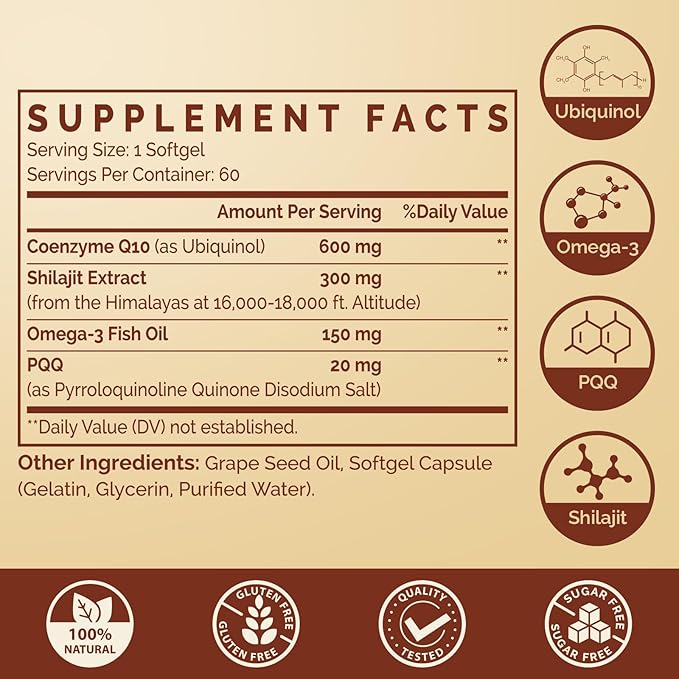 Ubiquinol CoQ10 600 MG Softgels with Omega-3 & Shilajit & PQQ, Advanced Dual-Delivery Coenzyme-Q10, Active CoQ10 Ubiquinol Supplement for Fertility, Antioxidant, Heart, Brain & Energy, 60 Servings