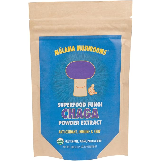 Chaga Extract Powder by Malama, Organic Fruiting Body Chaga Mushroom Powder, Superfood Adaptogenic, Supports Immune System, Skin Health, and Fatigue, 100 Servings