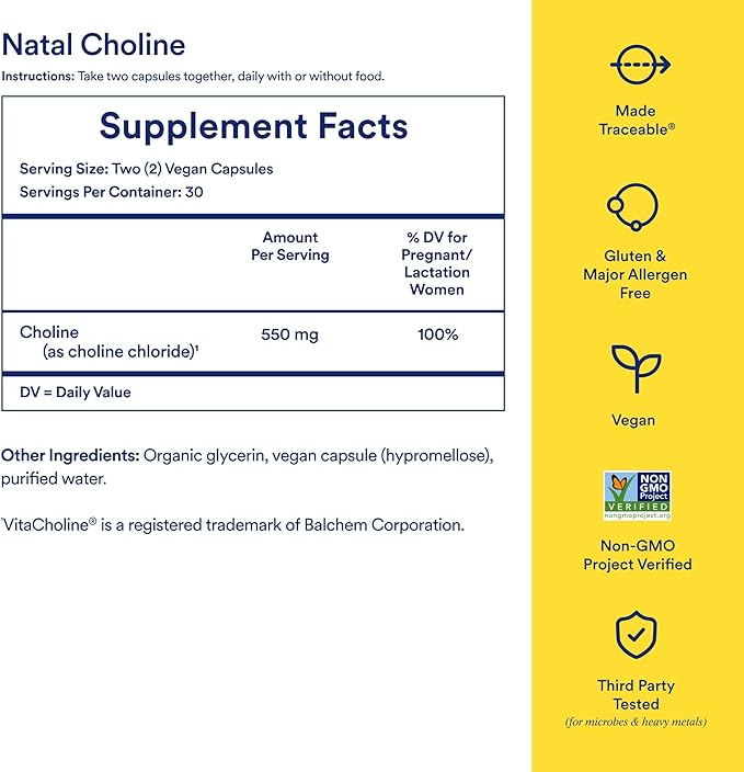 Ritual Natal Choline Supplement - 550mg - to Support Baby’s Cognitive Function When Taken During Pregnancy and Postpartum Choline Content in Breastmilk* - Vegan - Citrus - 30 Capsules - 30 Servings