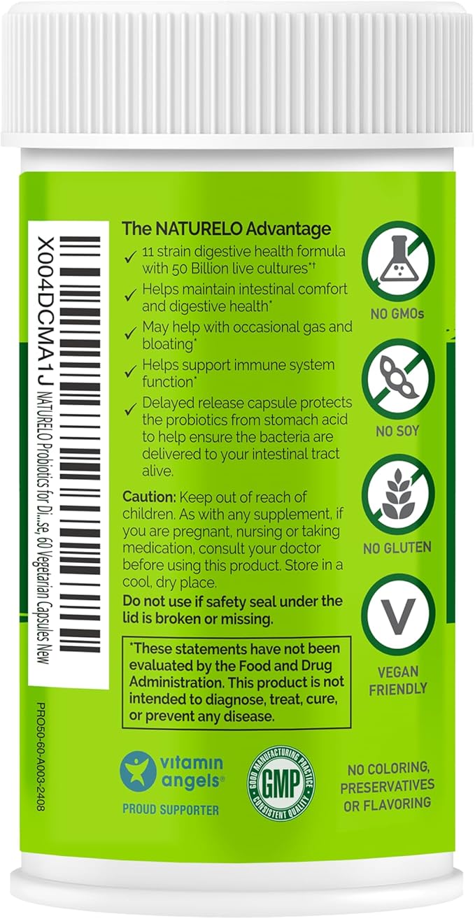 NATURELO Probiotics for Digestive Health - 50 Billion CFU, 11 Strains, Daily Use Supplement - Boosts Immune System, Delayed Release, No-Fridge, 60 Vegetarian Capsules (Pack of 2)