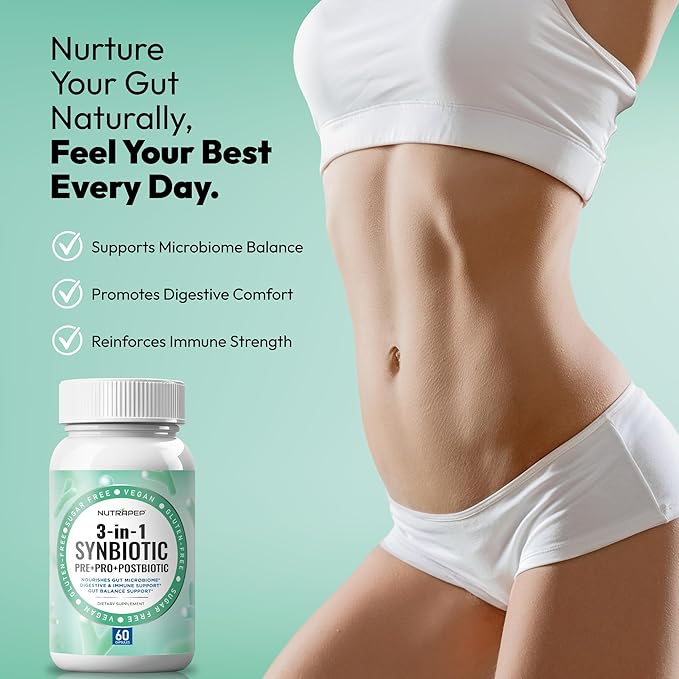 NutraPep Synbiotics Probiotic Prebiotic Postbiotic - Daily Gut Health Support with Pre Pro & Post Biotics for Men Women - Digestive & Immune Support Balance Synbiotic Supplement - Vegan Gluten Free
