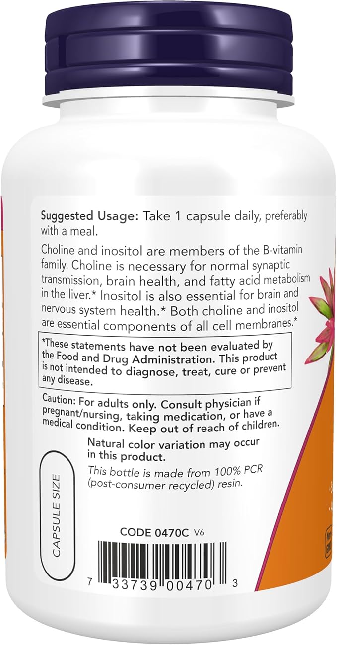 NOW Foods Supplements, Choline & Inositol 500 mg, Healthy Nerve Transmission*, Nervous System Health*, 100 Capsules (Pack of 2)