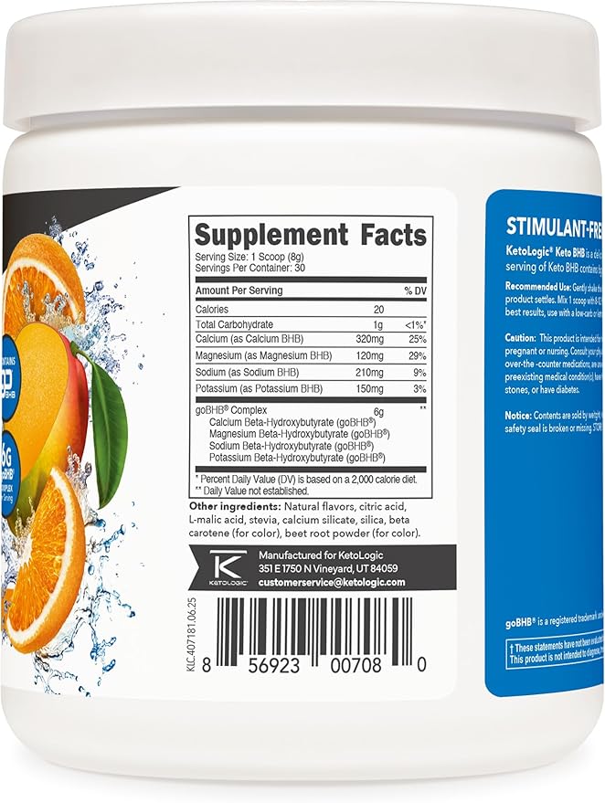 Ketologic Keto BHB (Orange Mango Flavor) 30 Servings - Exogenous Ketone Supplement with goBHB, Beta-Hydroxybutyrate Salts