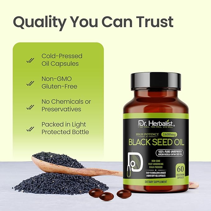 Dr. HERBALIST Black Seed Oil Capsules 1600mg - Cold Pressed Nigella Sativa Softgels with Thymoquinone | Supports Overall Wellness & Immune Vitality* | Halal, Non-GMO | 60ct