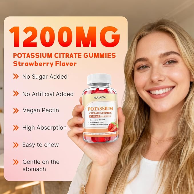 Potassium Citrate Gummies 1200mg for Adults, Women & Men Chewable Potassium Supplement for Muscle Health & Electrolyte Support Sugar Free, Strawberry Flavor, 60 Count