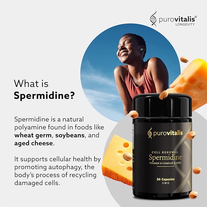 PUROVITALIS Liposomal Spermidine 5mg, Cell Renewal, 30 Servings (30 Vegan Capsules), with Zinc, Vitamin D3 & B12, Anti-ageing Supplement
