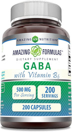 Amazing Formulas GABA with Vitamin B6 Supplement | 500 Mg Per Serving | 200 Capsules | Non-GMO | Gluten Free | Made in USA