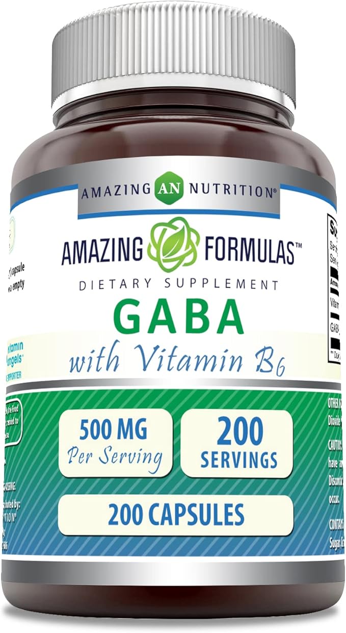 Amazing Formulas GABA with Vitamin B6 Supplement | 500 Mg Per Serving | 200 Capsules | Non-GMO | Gluten Free | Made in USA